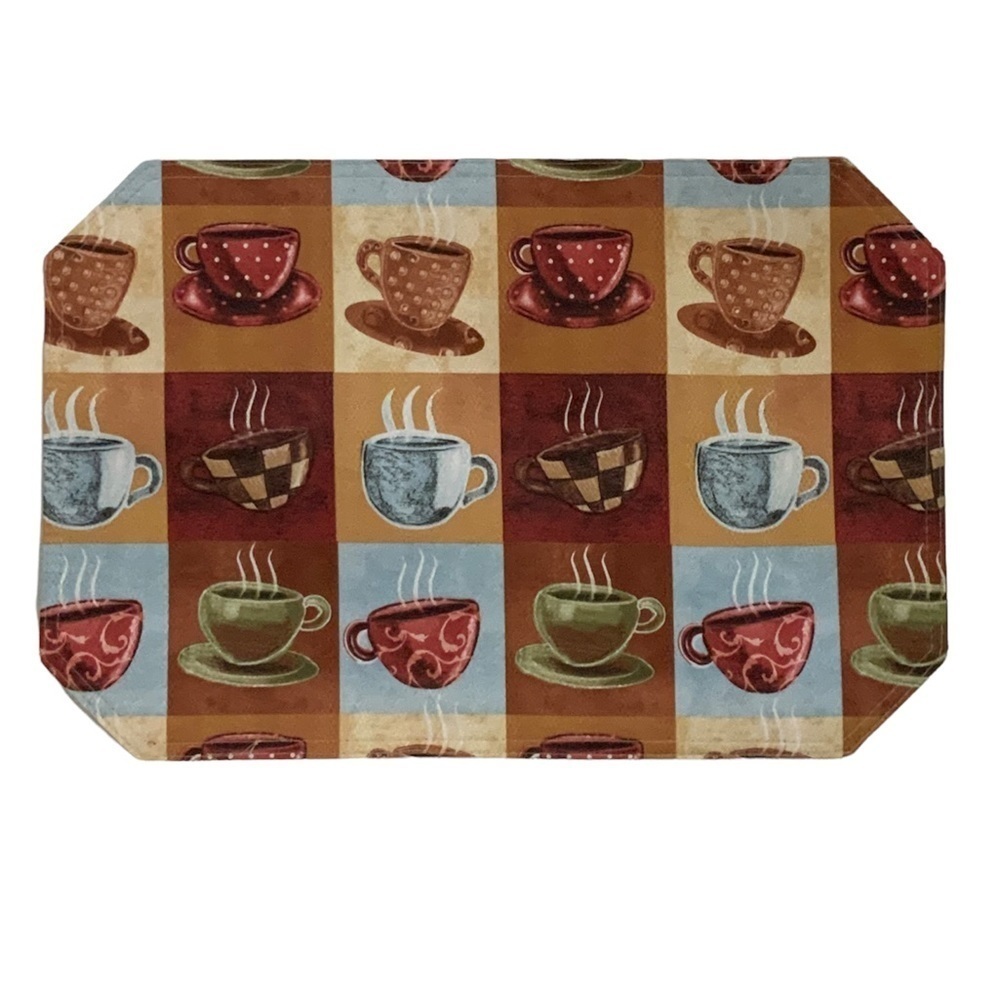 Coffee Time Placemats Printed Lined  Reversible Retro Block Pattern Set of 4